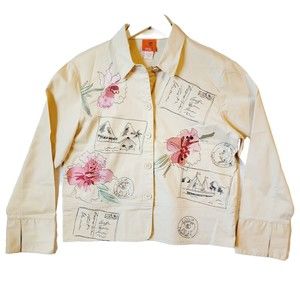 Hearts Of Palm Embroidered Stitch Post Card Brushed Pattern Button Jacket Sz 6